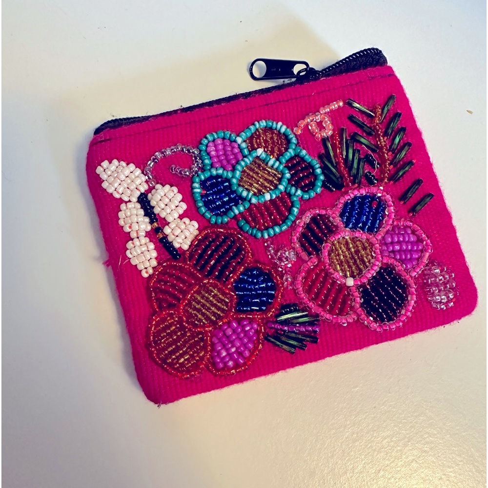 Pink floral zipper pouch Mexico Hand beaded coin purse